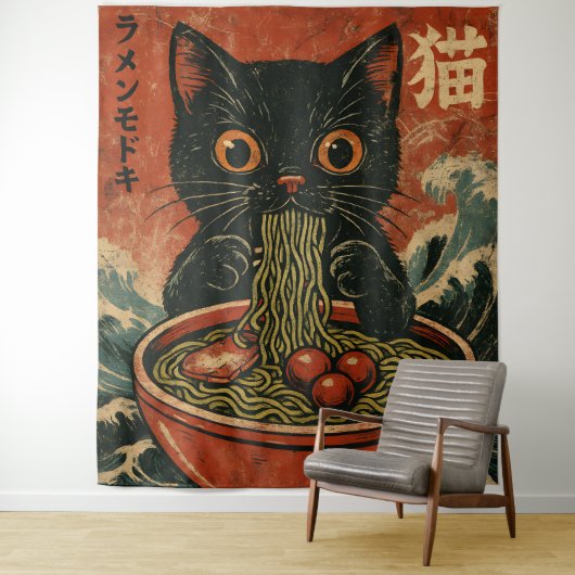 Cat Ramen Japanse Grappige Grafische Kawaii Kat An Wandkleed (In situ)