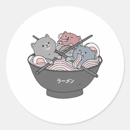Cat Ramen Kawaii Ronde Sticker (Voorkant)