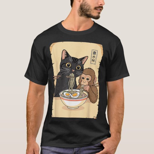 Cat Ramen Monkey Shirt Funny Cat Monkey Eating Ram (Voorkant)