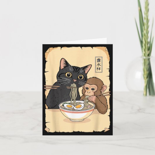 Cat Ramen Monkey Shirt Funny Cat Monkey Eating Ram Kaart (Voorkant)