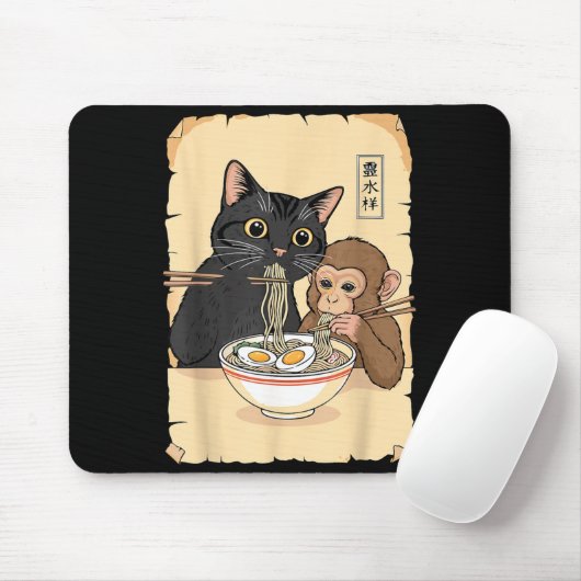 Cat Ramen Monkey Shirt Funny Cat Monkey Eating Ram Muismat (Met muis)
