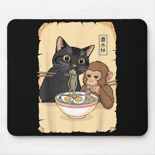 Cat Ramen Monkey Shirt Funny Cat Monkey Eating Ram Muismat (Voorkant)