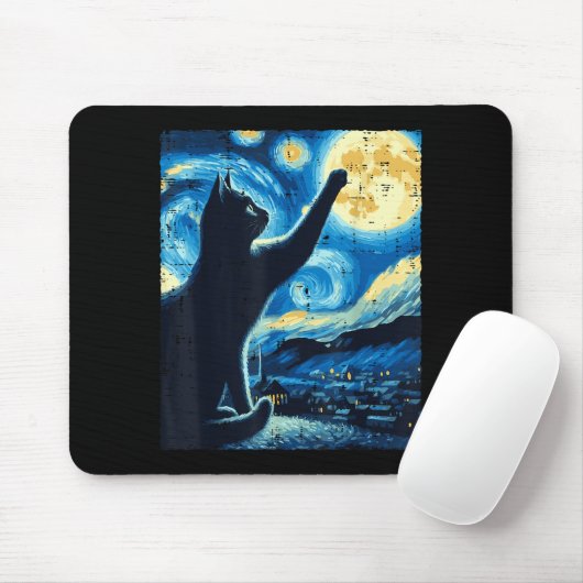 Cat Reaching Moon Starry Night Funny Kitten Men Wo Muismat (Met muis)