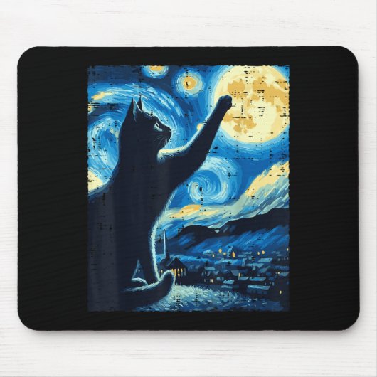 Cat Reaching Moon Starry Night Funny Kitten Men Wo Muismat (Voorkant)