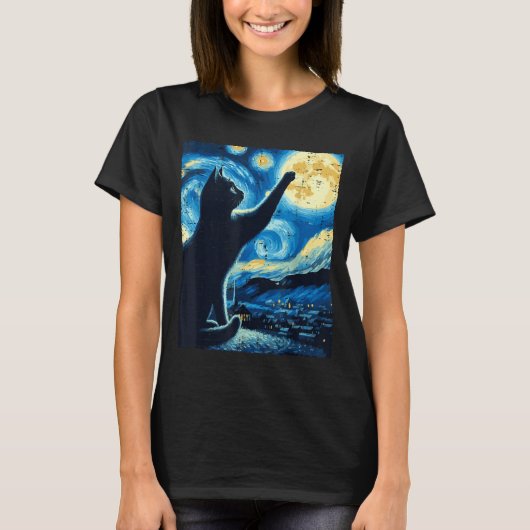 Cat Reaching Moon Starry Night Funny Kitten Men Wo T-shirt (Voorkant)