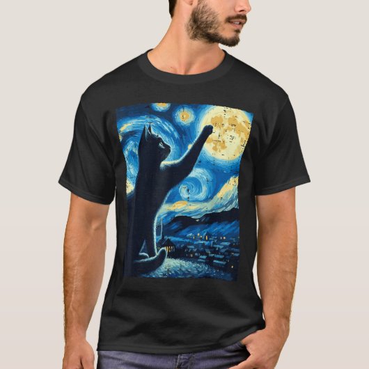 Cat Reaching Moon Starry Night Funny Kitten Men Wo T-shirt (Voorkant)