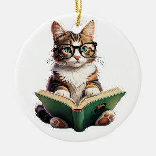 Cat Reading Book Keramisch Ornament