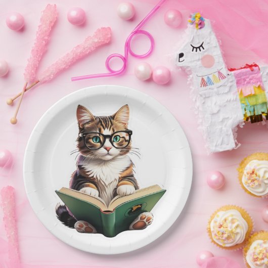 Cat Reading Book Papieren Bordje (Feest)