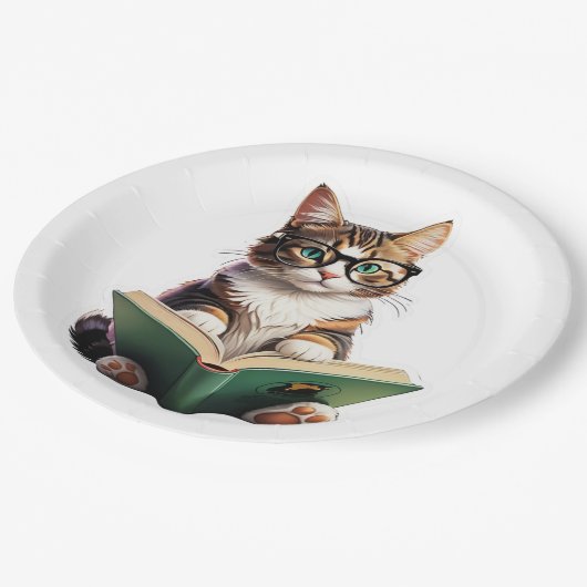 Cat Reading Book Papieren Bordje (Gekanteld)