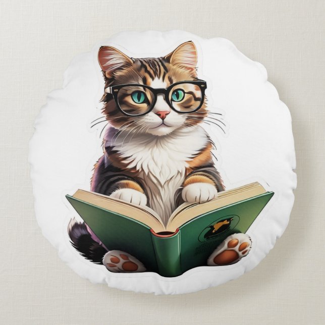 Cat Reading Book Rond Kussen (Voorkant)