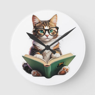 Cat Reading Book Ronde Klok