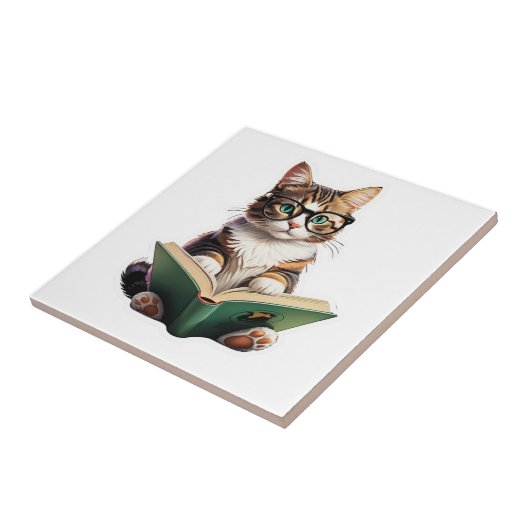 Cat Reading Book Tegeltje (Zijkant)