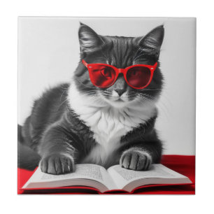Cat Reading Book Tegeltje