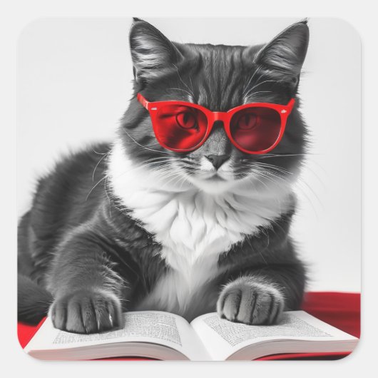 Cat Reading Book Vierkante Sticker (Voorkant)
