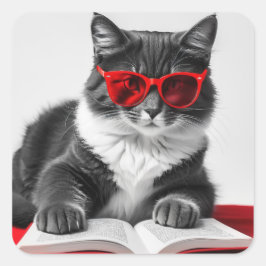 Cat Reading Book Vierkante Sticker