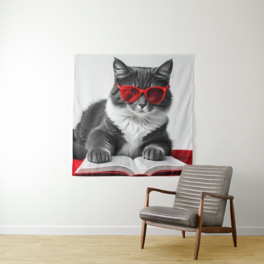 Cat Reading Book Wandkleed (In situ)