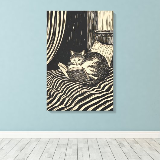 cat reading in bed canvas afdruk (Insitu (Houten vloer))