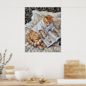 Cat Reading In Bed Cute Wall Art Poster Print (Keuken)