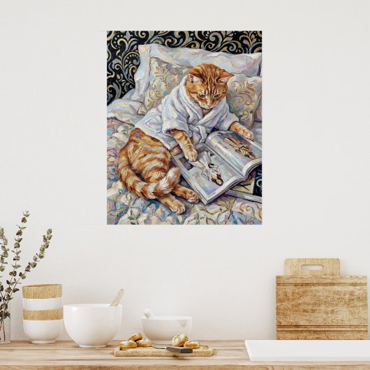 Cat Reading In Bed Cute Wall Art Poster Print (Keuken)