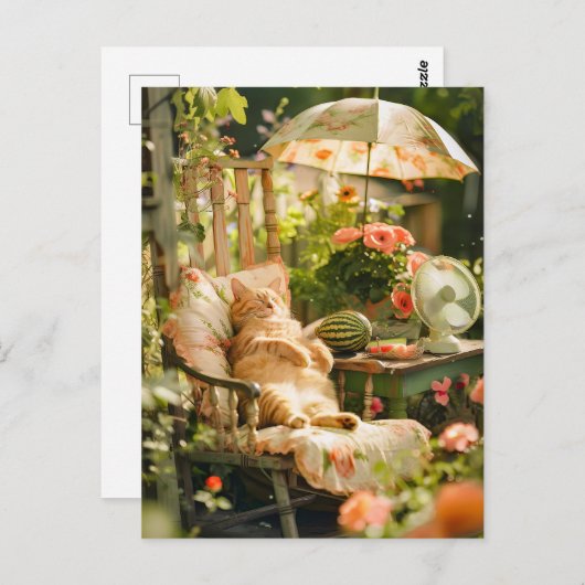 Cat Relaxing in Deck Chair Under Sun Umbrella Briefkaart (Voorkant / Achterkant)