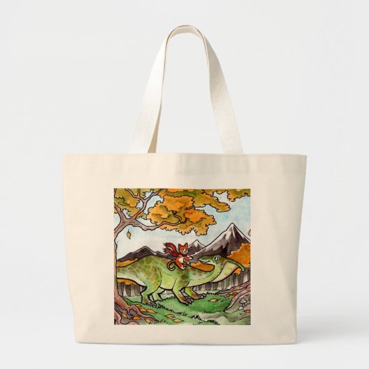 Cat Rides a Dinosaur Grote Tote Bag (Voorkant)