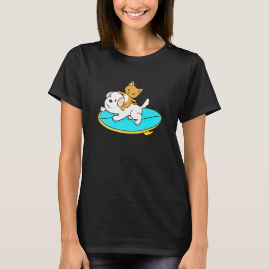 Cat riding a Dog on a Surfboard T-shirt (Voorkant)