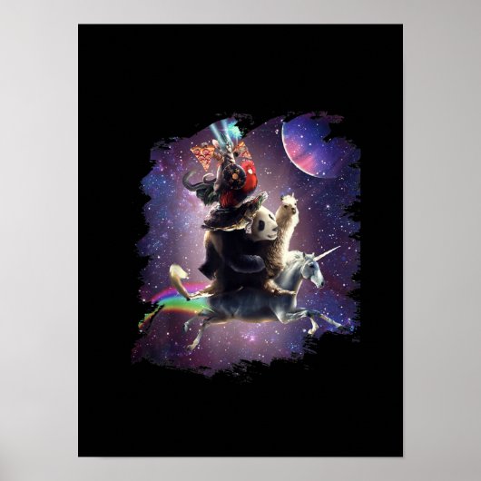 Cat Riding Chicken Turtle Panda Llama Unicorn Poster (Voorkant)