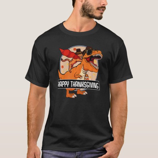 Cat Riding Dinosaur Happy Thanksgiving Day Cute re T-shirt (Voorkant)