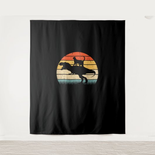 Cat Riding Dinosaur Retro Funny Graphic An Wandkleed (Voorkant)