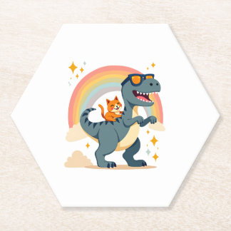 Cat Riding Dinosaur T-Rex Kitten Rainbow Dino Funn Kartonnen Onderzetters