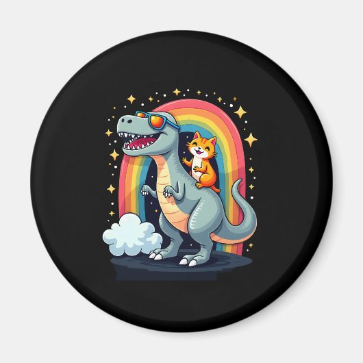 Cat Riding Dinosaur T-Rex Kitten Rainbow Dino Funn Magneet (Voorkant)