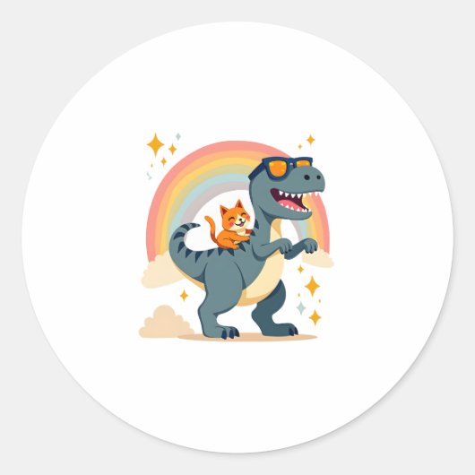 Cat Riding Dinosaur T-Rex Kitten Rainbow Dino Funn Ronde Sticker (Voorkant)