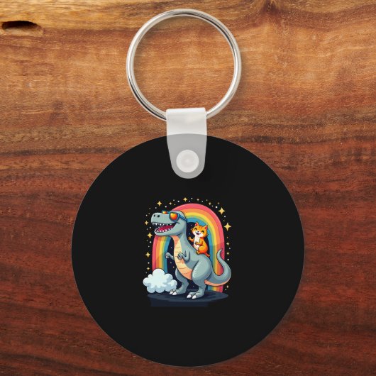 Cat Riding Dinosaur T-Rex Kitten Rainbow Dino Funn Sleutelhanger (Voorkant)