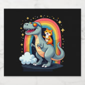 Cat Riding Dinosaur T-Rex Kitten Rainbow Dino Funn Sparkling Wijnetiket (Enkel label)