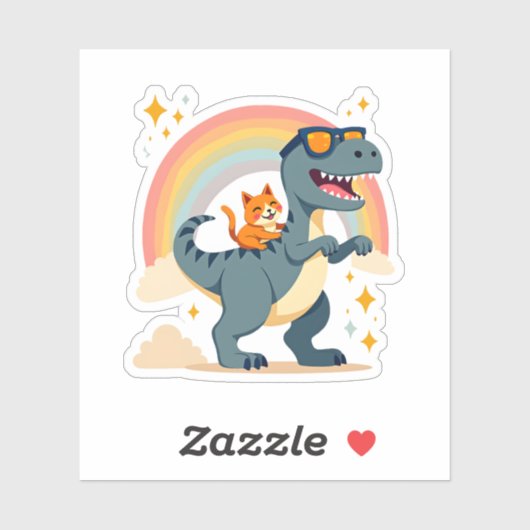 Cat Riding Dinosaur T-Rex Kitten Rainbow Dino Funn Sticker (Vel)