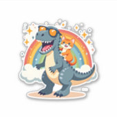 Cat Riding Dinosaur T-Rex Kitten Rainbow Dino Funn Sticker (Voorkant)