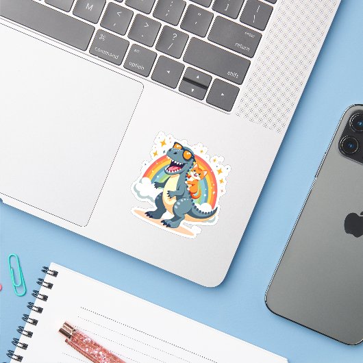 Cat Riding Dinosaur T-Rex Kitten Rainbow Dino Funn Sticker (Laptop met iPhone)