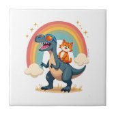 Cat Riding Dinosaur T-Rex Kitten Rainbow Dino Funn Tegeltje (Voorkant)