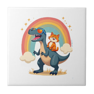 Cat Riding Dinosaur T-Rex Kitten Rainbow Dino Funn Tegeltje