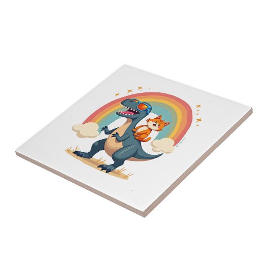 Cat Riding Dinosaur T-Rex Kitten Rainbow Dino Funn Tegeltje (Zijkant)