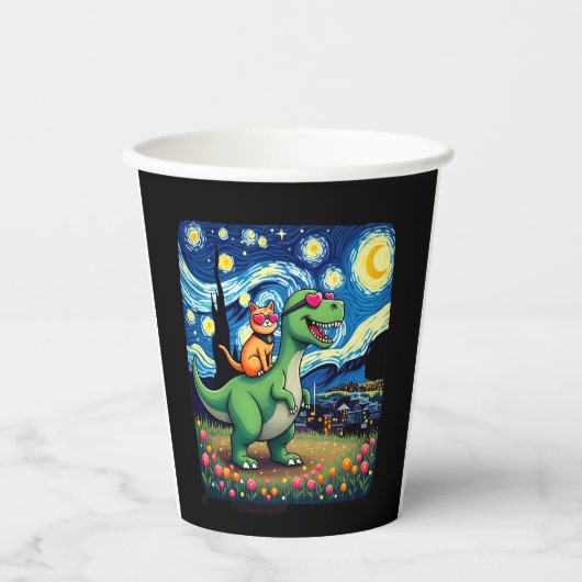 Cat Riding Dinosaur T-Rex Starry Night Cat Lover ( Papieren Bekers (Voorkant)