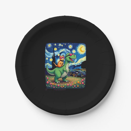 Cat Riding Dinosaur T-Rex Starry Night Cat Lover ( Papieren Bordje (Voorkant)