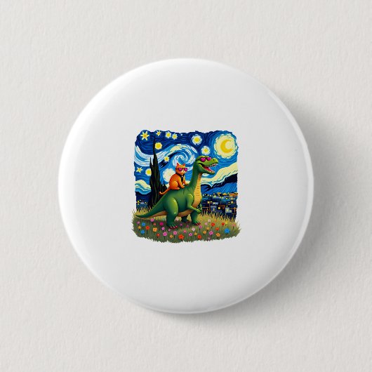 Cat Riding Dinosaur T-Rex Starry Night Cat Lover ( Ronde Button 5,7 Cm (Voorkant)
