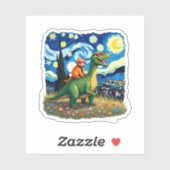 Cat Riding Dinosaur T-Rex Starry Night Cat Lover ( Sticker (Vel)