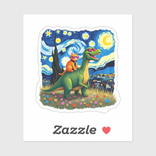 Cat Riding Dinosaur T-Rex Starry Night Cat Lover ( Sticker (Vel)