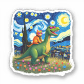 Cat Riding Dinosaur T-Rex Starry Night Cat Lover ( Sticker (Voorkant)