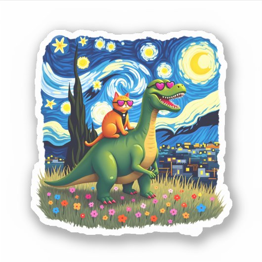 Cat Riding Dinosaur T-Rex Starry Night Cat Lover ( Sticker (Voorkant)