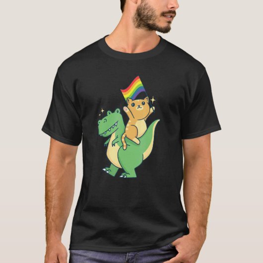 Cat Riding Dinosaur With Pride Flag Rainbow LGBTQ  T-shirt (Voorkant)