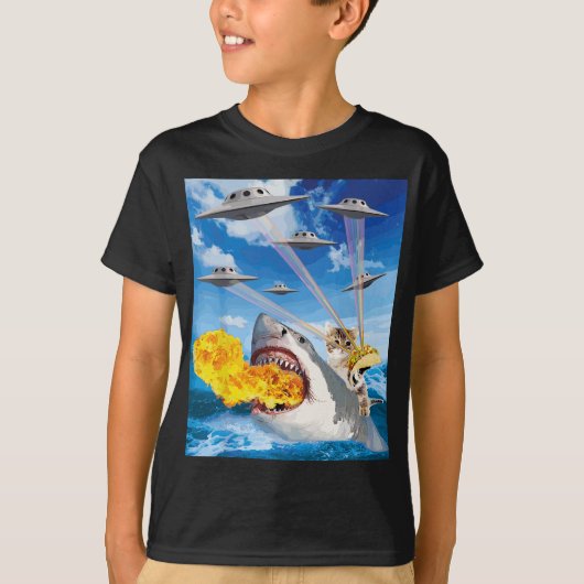 Cat Riding Fire Ademende Haai Regenboog Laser Taco T-shirt (Voorkant)