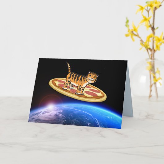 CAT RIDING PIZZA IN SPACE BIRTHDAY KAART (Gele Bloem)